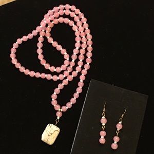 Artisan pink semi glass 925 earrings beaded necklace white semi pendant NWOT